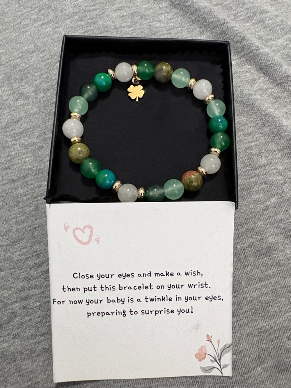 Fertility Green Multi-Gem Beaded Stretch Bracelet with Gold Clover Charm